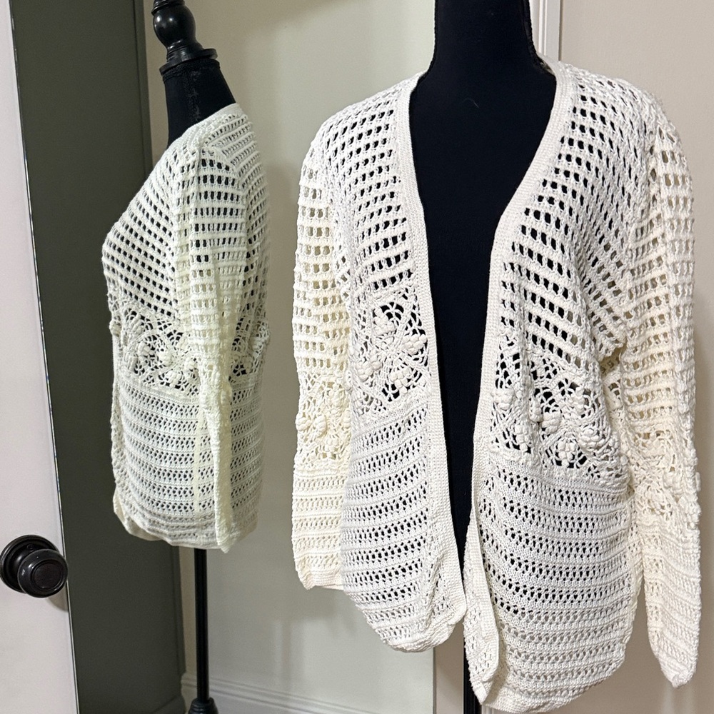 Tory Burch Cream Crochet Open-Front Cardigan